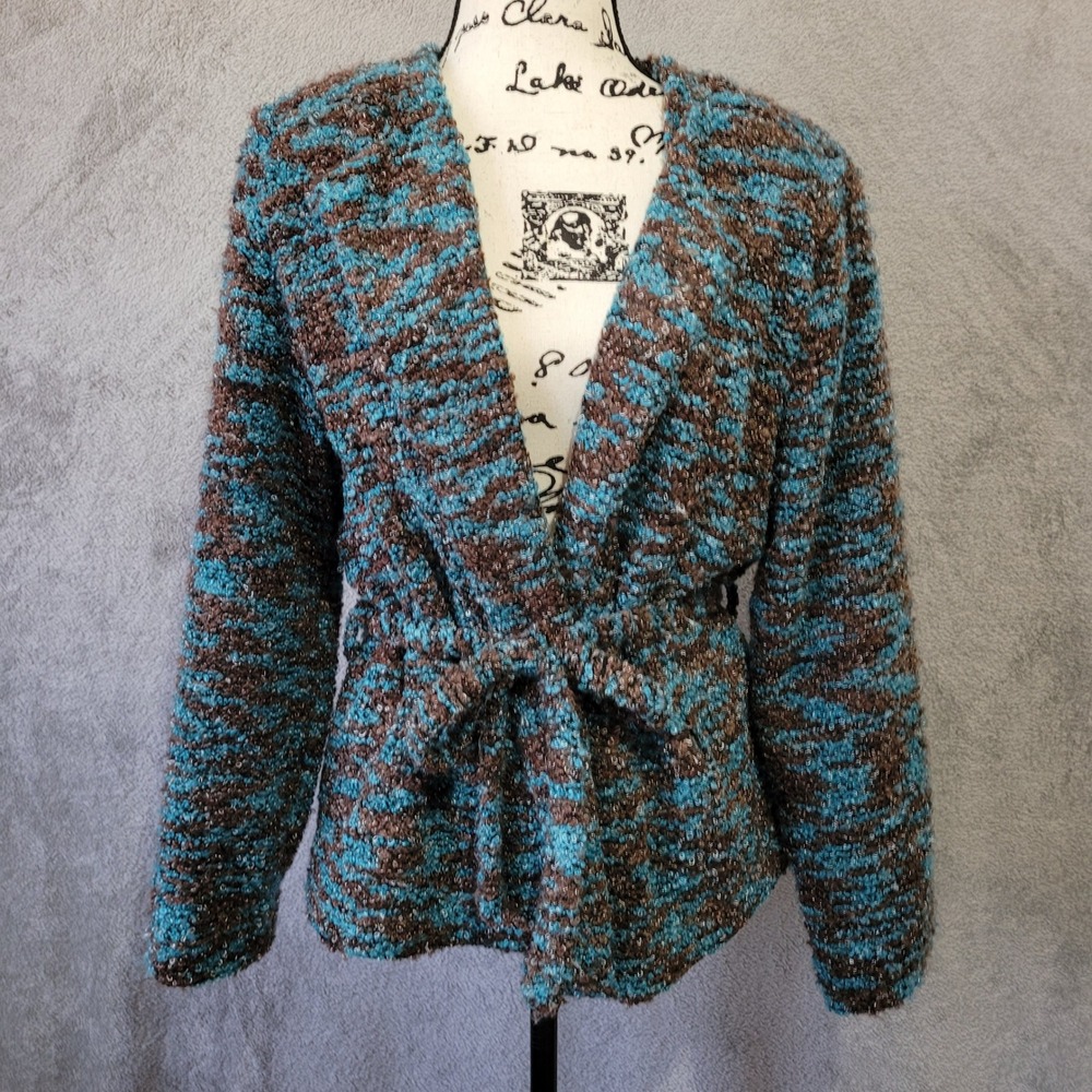 Vintage Y2K tie‎ front sweater blazer brown & blue mottled textured knit fabric